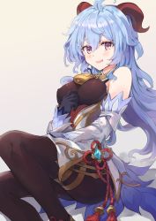 Rule 34 | 1girl, ahoge, ass, bare shoulders, bell, black gloves, blue hair, bodysuit, breasts, brown pantyhose, covered erect nipples, cowbell, curled horns, detached sleeves, ganyu (genshin impact), genshin impact, gloves, goat horns, gold trim, highres, horns, koomoi, long hair, long sleeves, looking at viewer, medium breasts, open mouth, pantyhose, pelvic curtain, purple eyes, simple background, smile, solo, waist cape, white background