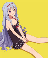 Rule 34 | 1girl, bare shoulders, black one-piece swimsuit, breasts, cleavage, hairband, highres, idolmaster, idolmaster (classic), interlocked fingers, long hair, one-piece swimsuit, open mouth, own hands together, purple eyes, red hairband, shijou takane, silver hair, simple background, sitting, smile, solo, swimsuit, v arms, very long hair, yahiro (epicopeiidae), yellow background