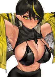 Rule 34 | 1girl, abs, absurdres, armpits, arms up, black hair, black pants, blonde hair, blush, breasts, cleavage, closed mouth, covered erect nipples, hair between eyes, highres, j.moon, jacket, large breasts, lilith (lilycious), looking at viewer, medium hair, mole, mole under mouth, multicolored hair, navel, original, pants, pointy ears, sideboob, simple background, solo, streaked hair, sweat, white background, yellow eyes, yellow jacket