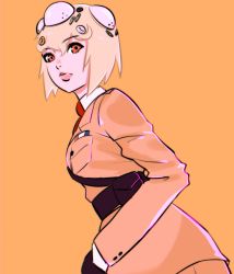 Rule 34 | blouse, cats yone, ghost in the shell, gloves, highres, kemono friends, kemono friends 3, necktie, orange background, shirt, short hair, simple background, skirt, solo, tachikoma, white shirt