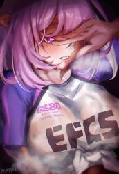 1girl artist_name blush breasts clothes_writing commentary elysia_(herrscher_of_human:_ego)_(honkai_impact) elysia_(honkai_impact) english_commentary front-tie_top glowing_pupils heavy_breathing highres honkai_(series) honkai_impact_3rd large_breasts looking_at_viewer nail_polish nyeppu official_alternate_costume one_eye_covered pink_hair pink_nails pointy_ears purple_eyes purple_shirt shading_eyes shirt sidelocks solo sweatdrop upper_body wet wet_clothes wet_shirt white_shirt