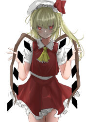 Rule 34 | 1girl, absurdres, ascot, backlighting, blonde hair, blush, breasts, closed mouth, commentary request, cowboy shot, crystal, eyebrows hidden by hair, flandre scarlet, frilled shirt collar, frills, hair between eyes, hat, highres, kuraki, long hair, medium hair, mob cap, one side up, petticoat, puffy short sleeves, puffy sleeves, red eyes, red skirt, red vest, short sleeves, simple background, skirt, skirt set, small breasts, smile, solo, straight-on, touhou, vest, white background, wings, yellow ascot