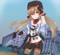 Rule 34 | 1girl, anchor, armor, belt, black skirt, blue shawl, blush, boots, bow, brown hair, brown thighhighs, centi mnkt, closed mouth, day, fingerless gloves, fur hat, gloves, hair ornament, hairclip, hat, jacket, kantai collection, long hair, long sleeves, looking at viewer, miniskirt, ocean, pantyhose, papakha, red eyes, red shirt, scar, scarf, shawl, shirt, shoes, skirt, sky, solo, star (symbol), tashkent (kancolle), thigh boots, thighhighs, torn clothes, torn scarf, torpedo, torpedo tubes, turret, twintails