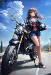 Rule 34 | 1girl, absurdres, black footwear, black jacket, blazer, blue shorts, blue sky, brown hair, closed mouth, cloud, green eyes, helmet, highres, holding, holding helmet, jacket, long hair, long sleeves, looking at viewer, midriff, motor vehicle, motorcycle, motorcycle helmet, open clothes, open jacket, original, outdoors, red shirt, shadow, shirt, shoes, short shorts, shorts, sky, smile, sneakers, solo, starlime, thighs