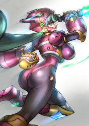 Rule 34 | 1girl, absurdres, android, ass, blue eyes, breasts, commentary, energy blade, english commentary, from behind, green hair, helmet, highres, holding, holding weapon, jumping, large breasts, leg up, long hair, marino (mega man), mega man (series), mega man x: command mission, mega man x (series), minster (dooke), ninja, open mouth, ponytail, simple background, smile, solo, weapon