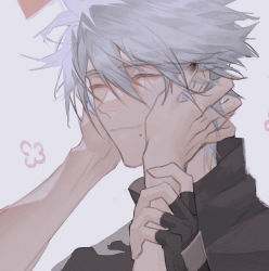 Rule 34 | closed mouth, closed eyes, fingerless gloves, fpe5e58mlea1isf, gloves, hands on another&#039;s face, hatake kakashi, highres, male focus, mole, mole under mouth, naruto (series), scar, scar across eye, short hair, silver hair, smile, solo focus