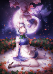 Rule 34 | 2girls, aesice, apron, bat wings, blue hair, braid, commentary request, dark, eye contact, flower, flying, full moon, hair ribbon, hands on another&#039;s head, hat, high heels, highres, izayoi sakuya, knife, looking at another, maid headdress, mob cap, moon, moonlight, multiple girls, night, outdoors, parted lips, petals, planted, pocket watch, puffy short sleeves, puffy sleeves, red eyes, red rose, remilia scarlet, ribbon, rose, short hair, short sleeves, silver hair, sitting, on ground, skirt, skirt set, sky, socks, star (sky), starry sky, thorns, touhou, tress ribbon, twin braids, upside-down, waist apron, wariza, watch, weapon, wings, wrist cuffs