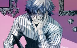 Rule 34 | 1boy, blue eyes, blue hair, collared shirt, eyewear strap, fate (series), glasses, hand on own face, hans christian andersen (adult) (fate), hans christian andersen (fate), looking at viewer, picture frame, quill, sei 8220, shirt, smile, solo focus, striped clothes, striped shirt, unbuttoned, unbuttoned shirt