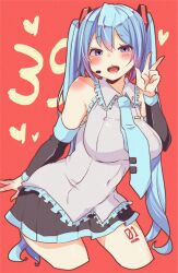 Rule 34 | 1girl, 39, black skirt, blue eyes, blue hair, blue necktie, breasts, covered navel, cropped legs, detached sleeves, grey shirt, hatsune miku, headset, heart, kusoyuridanchi, large breasts, long hair, looking at viewer, necktie, open mouth, red background, shirt, skirt, solo, twintails, vocaloid, w