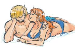 Rule 34 | 1boy, 1girl, ^ ^, arm tattoo, bikini, blonde hair, blue bikini, bracelet, closed eyes, commentary request, curly eyebrows, hand on own head, hatch (8cco), jewelry, long hair, lying, nami (one piece), on stomach, one piece, orange hair, profile, sanji (one piece), short hair, smile, swimsuit, tattoo, topless male, white background