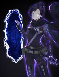Rule 34 | 1girl, animification, apex legends, bad id, bad pixiv id, belt, black background, black bodysuit, black hair, black scarf, blue eyes, bodysuit, breasts, brown belt, electricity, floating scarf, hair bun, highres, holding, holding knife, kamaboko (kamaboko 0211), knife, looking at viewer, medium breasts, open hand, parted bangs, portrait (object), scarf, single hair bun, solo, thigh strap, wraith&#039;s kunai, wraith (apex legends)
