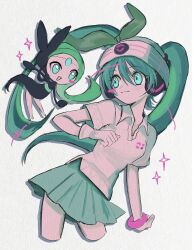 Rule 34 | 1girl, aqua hair, beanie, blue eyes, blush, bracelet, closed mouth, collared shirt, creatures (company), cropped legs, game freak, gen 5 pokemon, gloves, green ribbon, green skirt, hair between eyes, hair ribbon, hand up, hat, hatsune miku, headphones, highres, jewelry, legendary pokemon, long hair, looking at another, meloetta, meloetta (aria), mythical pokemon, nintendo, open mouth, pepeppepe101, pleated skirt, pokemon, pokemon (creature), polo shirt, project voltage, psychic miku (project voltage), ribbon, shirt, short sleeves, single glove, skirt, smile, sparkle, standing, twintails, very long hair, vocaloid, white background, white gloves, white headwear, white shirt