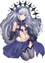 Rule 34 | 1girl, baeg mi, bare shoulders, black gloves, blue bow, blue eyes, blue skirt, blush, bow, bowtie, breasts, cleavage, crown, date a live, detached collar, elbow gloves, full body, gloves, groin, hair between eyes, hair bow, highres, long hair, medium breasts, navel, reaching, reaching towards viewer, revealing clothes, seiza, silver hair, simple background, sitting, skirt, skirt hold, smile, solo, thighhighs, tobiichi origami, veil, very long hair, white background