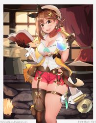 Rule 34 | 1girl, absurdres, asymmetrical bangs, atelier (series), atelier ryza, atelier ryza 2, belt, breasts, brown eyes, brown hair, gloves, hair ornament, hairclip, hat, highres, large breasts, looking at viewer, open mouth, red shorts, reisalin stout, short hair, short shorts, shorts, smile, solo, star (symbol), thick thighs, thighhighs, thighs, white hat, yur1rodrigues