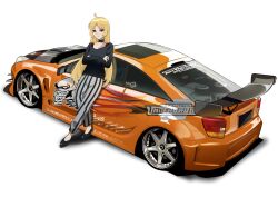 Rule 34 | 1girl, absurdres, black choker, black footwear, blonde hair, bocchi the rock!, bra strap, brown eyes, car, choker, collarbone, cowlick, crossed arms, grey pants, highres, holeecrab, ijichi seika, long hair, looking at viewer, motor vehicle, need for speed, need for speed: underground 2, orange car, pants, parted bangs, shadow, shoes, sleeves past wrists, solo, spoiler (automobile), sports car, striped clothes, striped pants, toyota, toyota celica, toyota celica t230, vehicle focus, very long hair, white background