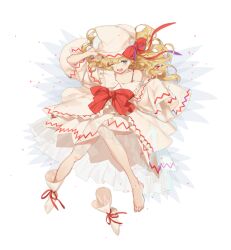 Rule 34 | 1girl, absurdres, barefoot, blonde hair, hat, highres, lily white, one eye closed, solo, touhou, transparent background
