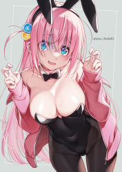 Rule 34 | 1girl, animal ears, bare shoulders, black bow, black bowtie, black hairband, black leotard, blue eyes, bocchi the rock!, bow, bowtie, breasts, brown pantyhose, cleavage, collarbone, commentary request, covered navel, cowboy shot, crossed bangs, cube hair ornament, detached collar, double v, fake animal ears, fingernails, framed, gotoh hitori, grey background, groin, hair between eyes, hair ornament, hairband, hands up, head tilt, highleg, highleg leotard, highres, ikeda yasuhiro, jacket, large breasts, leotard, leotard under clothes, long hair, long sleeves, looking at viewer, nervous smile, off shoulder, one side up, open clothes, open jacket, outside border, pantyhose, parted lips, pink hair, pink jacket, playboy bunny, rabbit ears, raised eyebrows, simple background, sleeves past wrists, smile, solo, strapless, strapless leotard, track jacket, turn pale, twitter username, unzipped, v, very long hair, wavy mouth, zipper pull tab