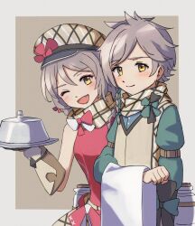 Rule 34 | 1boy, 1girl, brother and sister, clanne (fire emblem), closed mouth, fang, fire emblem, fire emblem engage, framme (fire emblem), grey hair, hat, hat ribbon, highres, holding, long sleeves, looking at viewer, miraioranji, nintendo, one eye closed, ribbon, scarf, short hair, siblings, simple background, smile, twins, yellow eyes