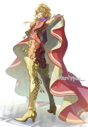 Rule 34 | 1girl, ass, blonde hair, bodysuit, boots, cloak, full body, indesign, long hair, messy hair, ponytail, protagonist (romancing saga 2), red bodysuit, red cloak, romancing saga 2, saga, shoulder pads, the final empress, thigh boots