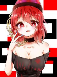Rule 34 | 1girl, 6nichirai6, bad id, bad pixiv id, bare shoulders, blue nails, blush, breasts, chain, choker, cleavage, collarbone, commentary request, finger to face, gold chain, heart, heart-shaped pupils, hecatia lapislazuli, highres, looking at viewer, medium breasts, nail polish, off-shoulder shirt, off shoulder, red eyes, red hair, shirt, smile, solo, symbol-shaped pupils, touhou, upper body