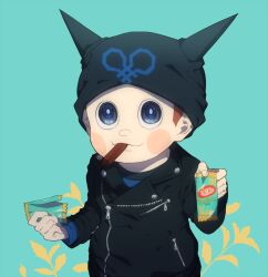 Rule 34 | 1boy, animal ear headwear, animal ears, aqua background, bag, beanie, black eyes, black hat, black jacket, black shirt, black sleeves, blue shirt, blush stickers, brown hair, buttons, candy, cat ears, chocolate, chocolate bar, closed mouth, collared jacket, commentary request, danganronpa (series), danganronpa v3: killing harmony, fake animal ears, fingernails, food, hat, holding, holding bag, holding food, hoshi ryoma, jacket, kitkat, kogarashi 8, layered sleeves, leaf, leather, leather jacket, long sleeves, looking at viewer, male focus, mouth hold, partial commentary, plastic bag, pocket, prison clothes, shirt, short hair, simple background, smile, solo, striped clothes, striped shirt, two-tone shirt, upper body, very short hair, zipper, zipper pull tab