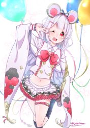 Rule 34 | 1girl, animal ears, artist name, balloon, black socks, bow, bowtie, brooch, collared shirt, fake animal ears, frilled skirt, frills, granblue fantasy, hair ornament, hairband, hairclip, heart, heart brooch, holding, holding balloon, jewelry, layered skirt, leg up, long sleeves, miniskirt, mouse ears, navel, one eye closed, open mouth, red bow, red bowtie, red eyes, shirt, short hair, silver hair, skirt, socks, solo, stomach, thigh strap, v, vikala (granblue fantasy), white shirt, white skirt, wide sleeves, yokoshima (euphoria)