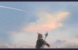 Rule 34 | 1girl, ahoge, arknights, beret, black hat, brown hair, cloak, cloud, commentary request, contrail, day, from behind, hat, holding, holding polearm, holding weapon, letterboxed, outdoors, plume (arknights), polearm, sky, solo, upper body, weapon, yufkon
