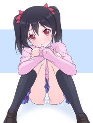 Rule 34 | 10s, 1girl, black socks, bow, cardigan, hair bow, hugging own legs, k10k, knees together feet apart, loafers, looking at viewer, love live!, love live! school idol project, panties, pantyshot, red eyes, school uniform, shoes, short hair, sitting, skirt, smile, socks, solo, striped clothes, striped panties, twintails, underwear, upskirt, yazawa nico