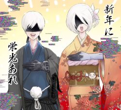 1boy 1girl 2b_(nier:automata) 9s_(nier:automata) black_blindfold black_gloves blindfold blue_kimono cowboy_shot emil_(nier) floral_print floral_print_kimono flower gloves grey_hair hair_flower hair_ornament hakama hand_up haori happy_new_year japanese_clothes kimono looking_at_viewer medium_hair mole mole_under_mouth myk88488062 new_year nier:automata nier_(series) obi obijime one_side_up open_mouth orange_kimono pink_flower print_kimono red_kimono sash short_hair wide_sleeves yukata