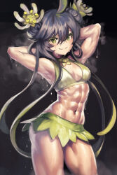 Rule 34 | 1girl, abs, arms behind head, arms up, bikini, black background, black hair, breasts, dark background, dripping, duel monster, gradient hair, green eyes, green hair, looking at viewer, multicolored hair, muscular, muscular female, simple background, small breasts, smile, standing, steam, steaming body, sweat, swimsuit, toned, traptrix vesiculo, very sweaty, yilx, yu-gi-oh!