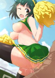 Rule 34 | 1girl, ass, breasts, censored, cheerleader, clothes lift, cloud, cum, cum in pussy, day, green hair, hairband, hayamaso, idolmaster, idolmaster (classic), lens flare, looking back, medium breasts, mole, mole under mouth, mosaic censoring, nipples, one eye closed, open mouth, otonashi kotori, penis, perky breasts, pom pom (cheerleading), sex, shirt lift, short hair, sky, solo focus, thighhighs, vaginal