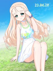 Rule 34 | 1girl, absurdres, blonde hair, blue sky, blush, braces, casual, choker, closed mouth, cloud, cloudy sky, commentary, dated, day, dress, drill hair, earlobe1514366, girls und panzer, grass, green eyes, half-closed eyes, hand in own hair, head tilt, highres, long hair, looking at viewer, marie (girls und panzer), outdoors, short dress, sitting, sky, smile, solo, sundress, white choker