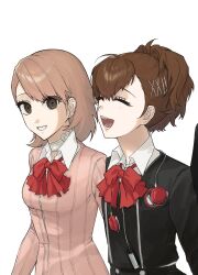 2girls absurdres black_jacket bow bowtie brown_eyes brown_hair cardigan choker closed_eyes collared_shirt digital_media_player dress_shirt earphones_removed earrings gekkoukan_high_school_uniform hair_ornament hairclip heart heart_choker highres iun_321 jacket jewelry light_brown_hair long_sleeves loose_bowtie medium_hair multiple_girls open_mouth parted_lips persona persona_3 persona_3_portable pink_cardigan red_bow red_bowtie ribbed_cardigan school_uniform shiomi_kotone shirt short_hair smile stud_earrings takeba_yukari upper_body white_background white_choker white_shirt