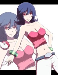 Rule 34 | 00s, 1girl, alternate hair length, alternate hairstyle, bad id, bad pixiv id, bare shoulders, bracelet, breasts, cleavage, creatures (company), game freak, gym leader, jewelry, letterboxed, midriff, navel, nintendo, poke ball, poke ball (basic), pokemon, pokemon hgss, purple hair, red eyes, rice (artist), sabrina (pokemon), short hair, smile, solo, zoom layer
