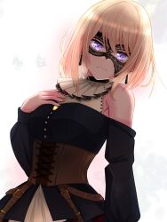 Rule 34 | 1girl, ascot, bang dream!, bang dream! it&#039;s mygo!!!!!, black dress, black mask, blonde hair, brown corset, closed mouth, clothing cutout, commentary request, corset, domino mask, dress, earrings, frown, fukumaru1021, hand on own chest, highres, jewelry, long sleeves, looking at viewer, mask, medium hair, misumi uika, purple eyes, shoulder cutout, solo, upper body, white ascot, white background