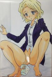 Rule 34 | 1girl, anus, ashigaki radar, barefoot, black jacket, blonde hair, blush, bottomless, breasts, censored, collarbone, cup, earrings, grey eyes, highres, holding, jacket, jewelry, kanata no astra, long sleeves, looking down, open clothes, open jacket, peeing, peeing in cup, polina livinskaya, pussy, shirt, short hair, small breasts, squatting, sweatdrop, wall, white shirt