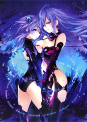Rule 34 | 10s, 2girls, absurdres, ass, bare shoulders, blue eyes, blue hair, braid, breast press, breasts, cleavage, cleavage cutout, clothing cutout, elbow gloves, from side, gloves, hair ornament, half-closed eyes, height difference, highres, huge filesize, iris heart, kami jigen game neptune v, large breasts, leotard, long hair, looking at viewer, multiple girls, navel, neptune (neptunia), neptune (series), official art, power symbol, power symbol-shaped pupils, purple eyes, purple hair, purple heart (neptunia), pururut, smile, symbol-shaped pupils, symmetrical docking, thighhighs, tsunako, twin braids, very long hair, wind, yuri