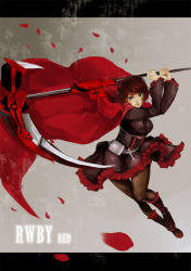 Rule 34 | 1girl, belt, belt pouch, boots, cloak, copyright name, cross, dress, frills, hood, hooded cloak, letterboxed, magazine (weapon), pantyhose, petals, red eyes, red hair, rose petals, ruby rose, rwby, saha, scythe, short hair, grey eyes, solo, weapon