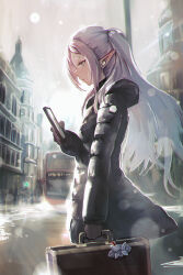 Rule 34 | 1girl, alternate costume, bag, black coat, black gloves, bus, coat, contemporary, double-decker bus, elf, frieren, gloves, grey hair, highres, holding, holding bag, holding phone, long hair, looking at phone, noomaru (nomorepeople), outdoors, padded coat, phone, pointy ears, profile, solo, sousou no frieren, very long hair, wireless earphones