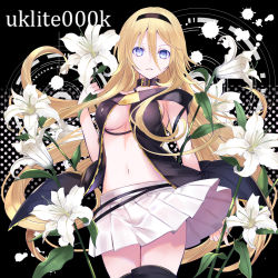 Rule 34 | 1girl, black background, blonde hair, blue eyes, breasts, cleavage, collar, flower, hairband, highres, holding, holding flower, large breasts, lily (flower), lily (vocaloid), long hair, looking at viewer, midriff, navel, parted lips, skirt, solo, thighhighs, twitter username, very long hair, vest, vocaloid, yuuki kira