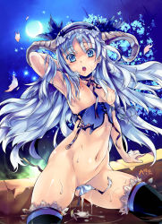 Rule 34 | 1girl, :o, arm behind head, armpits, artist name, blue eyes, blue hair, blush, breasts, colored eyelashes, cum, demon girl, full moon, groin, hairband, highres, horns, lolita hairband, long hair, matching hair/eyes, moon, nipples, nude, open mouth, original, signature, silver hair, solo, demon girl, sweat, thick thighs, thighhighs, thighs, toned, translation request, wardrobe malfunction, wazakita