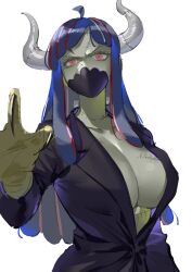 Rule 34 | 1girl, ahoge, alternate costume, black jacket, black mask, blue hair, breasts, cleavage, colored skin, covered mouth, curled horns, dinosaur girl, green skin, horns, jacket, large breasts, long hair, looking at viewer, mask, mouth mask, multicolored hair, one piece, pink eyes, pink hair, raine (acke2445), simple background, solo, stitched face, stitched torso, stitches, streaked hair, talons, ulti (one piece), white background, zombie