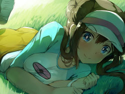 Rule 34 | 1girl, ass, black pantyhose, blue eyes, blush, breasts, bright pupils, brown hair, creatures (company), double bun, game freak, grass, hair bun, highres, long hair, looking at viewer, low twintails, lying, medium breasts, nintendo, on grass, on stomach, pantyhose, pokemon, pokemon bw2, rosa (pokemon), seneto, shorts, smile, solo, twintails, visor cap, yellow shorts