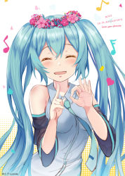 Rule 34 | 1girl, ^ ^, aqua necktie, artist name, bad id, bad pixiv id, blue hair, blush, breasts, character name, closed eyes, detached sleeves, facing viewer, flower wreath, grey shirt, hair between eyes, halftone, halftone background, hands up, hatsune miku, highres, long hair, medium breasts, musical note, necktie, open mouth, quaver, rods, semiquaver, shirt, sidelocks, sleeveless, sleeveless shirt, smile, solo, twintails, upper body, very long hair, vocaloid