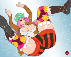 Rule 34 | 1girl, absurdres, annoyed, ass, boots, breasts, cleavage cutout, clothing cutout, falling, female focus, hat, highres, huge ass, jacket, jewelry bonney, large breasts, lipstick, looking at viewer, looking down, makeup, midriff, navel, one piece, piercing, pink hair, pirate costume, purple eyes, scared, snow, snowflakes, snowing, solo, suspenders, tattoo, thick thighs, thighhighs, thighs, tight clothes