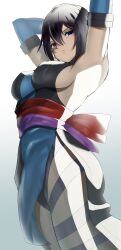 Rule 34 | 1girl, armpits, arms behind head, black hair, blue eyes, breasts, heterochromia, highres, japanese clothes, large breasts, legs, looking at viewer, red eyes, samurai spirits, shiki (samurai spirits), short hair, sideboob, snk, solo, tattoo, thick thighs, thighs