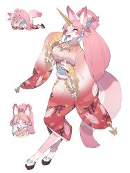 Rule 34 | 1girl, absurdres, animal ears, animal feet, blue eyes, body fur, bow-shaped hair, breasts, claws, commission, digitigrade, fangs, fox ears, fox girl, fox tail, full body, furry, furry female, hair ornament, hands up, highres, horns, inu fuji, japanese clothes, kim (kim h), kimono, large breasts, long hair, long sleeves, looking at viewer, looking to the side, obi, obiage, obijime, okobo, open mouth, original, pink fur, pink hair, pink kimono, ponytail, sandals, sash, simple background, single horn, skeb commission, sleeves past wrists, socks, tabi, tail, walking, white background, white socks, wide sleeves, yellow horns