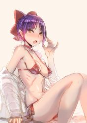 Rule 34 | 1girl, :o, bare shoulders, bikini, blush, bow, bow (bhp), breasts, choker, cleavage, collarbone, fang, feet out of frame, gegege no kitarou, gegege no kitarou 6, hair bow, half updo, hand up, knees up, long sleeves, looking at viewer, medium breasts, navel, nekomusume, nekomusume (gegege no kitarou 6), nose blush, off-shoulder shirt, off shoulder, open clothes, open mouth, open shirt, parted bangs, pointy ears, purple hair, red bikini, red bow, red choker, red ribbon, ribbon, ribs, shirt, short hair, side-tie bikini bottom, simple background, sitting, sketch, skindentation, small breasts, solo, stomach, string bikini, swimsuit, tsurime, white shirt, yellow background, yellow eyes