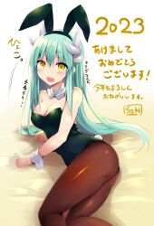 Rule 34 | 1girl, 2023, absurdres, animal ears, bare shoulders, black leotard, blush, breasts, brown pantyhose, cleavage, detached collar, dragon girl, dragon horns, fake animal ears, fake tail, fate/grand order, fate (series), green hair, highres, horns, kiyohime (fate), leotard, long hair, looking at viewer, medium breasts, multiple horns, open mouth, pantyhose, playboy bunny, rabbit ears, rabbit tail, sen (astronomy), smile, tail, thighs, translation request, wrist cuffs, yellow eyes