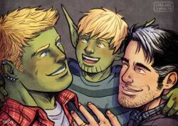 Rule 34 | 3boys, bad id, bad tumblr id, bara, beard stubble, black hair, blonde hair, blue eyes, child, colored skin, couple, cris art, ear piercing, eye contact, facial hair, family, father and son, green skin, hulkling, ips cells, long sideburns, looking at another, male focus, marvel, multicolored hair, multiple boys, piercing, pointy ears, short hair, sideburns, streaked hair, stubble, thick eyebrows, upper body, white hair, wiccan, yaoi